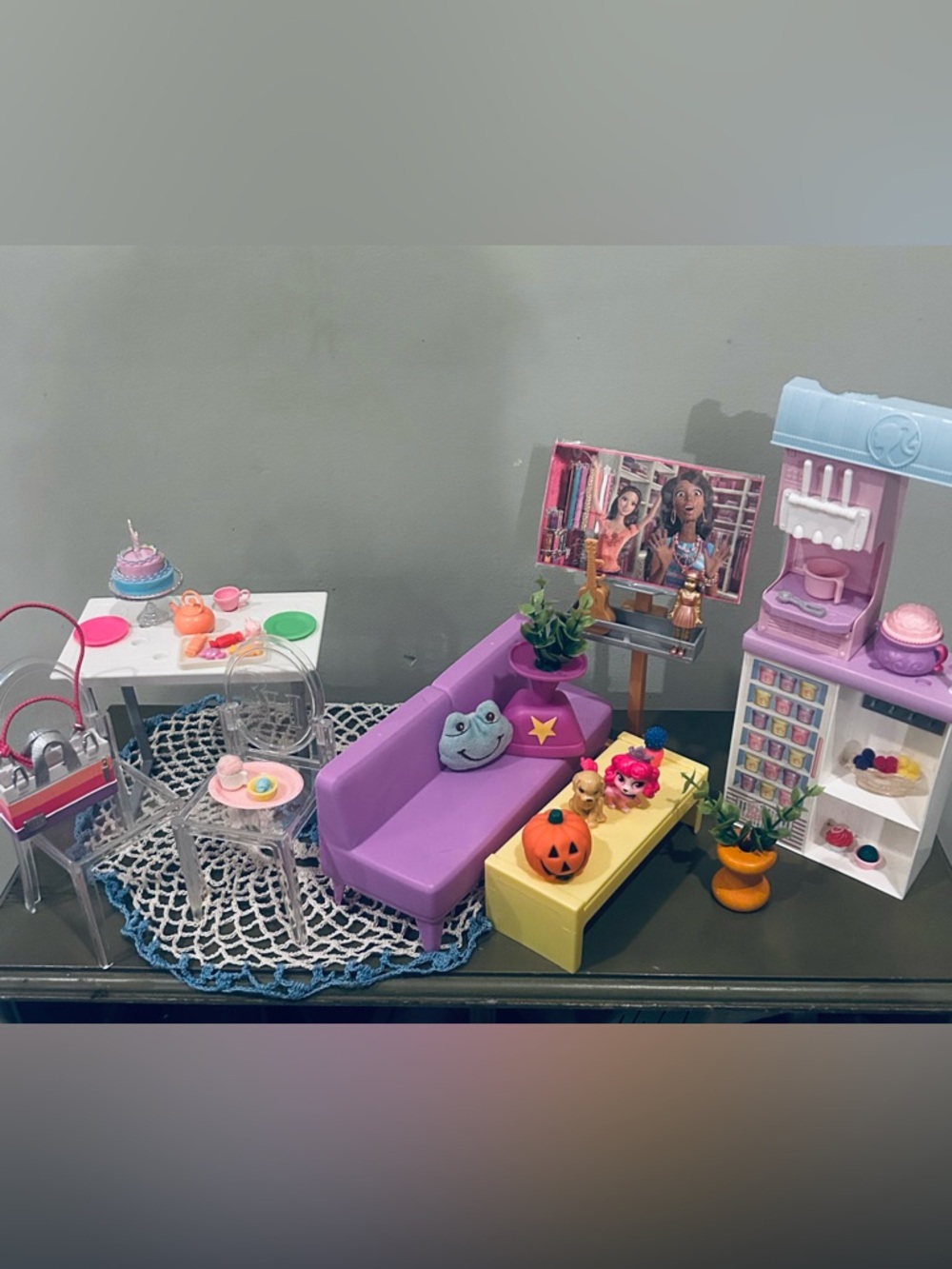 Barbie Purple Yellow Living Room & Dining SetIce Cream kiosk dollhouse furniture